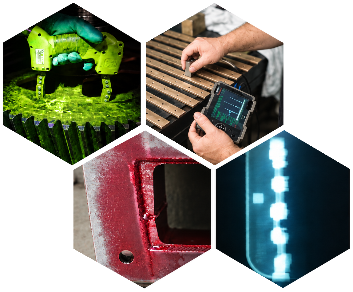 Mosaico de inspecciones reales por Partículas Magnéticas, Ultrasonido, Líquidos Penetrantes y Radiografía Industrial